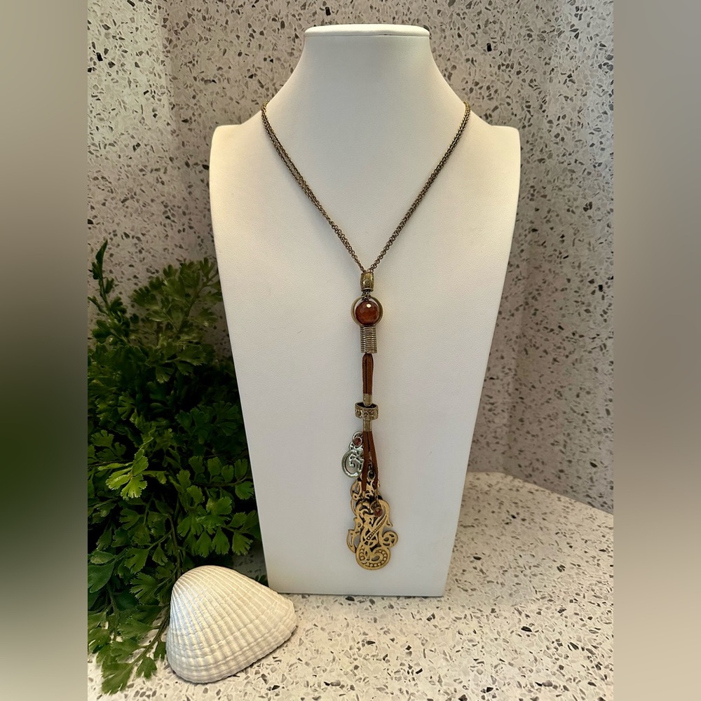 Brass pendants necklace on Sienna brown cording.